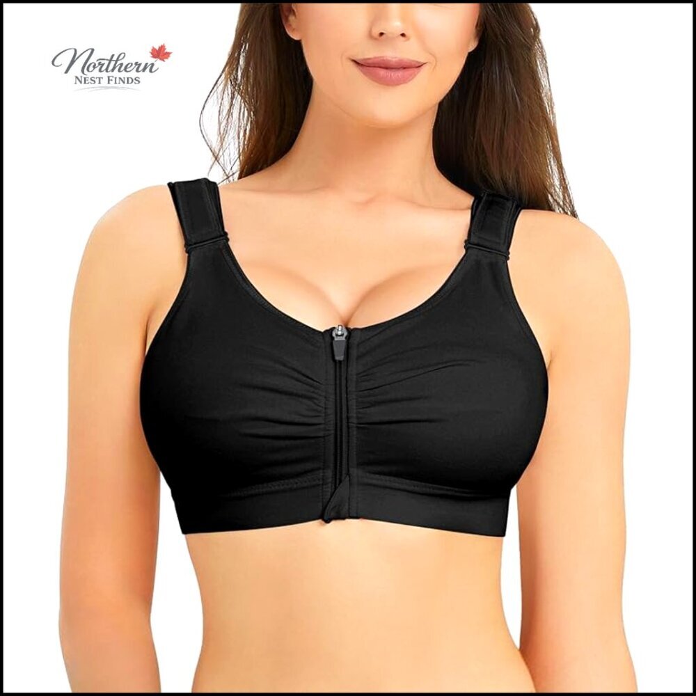 Zip Front Sports Bra Adjustable Straps Wirefree Compression Post Surgical